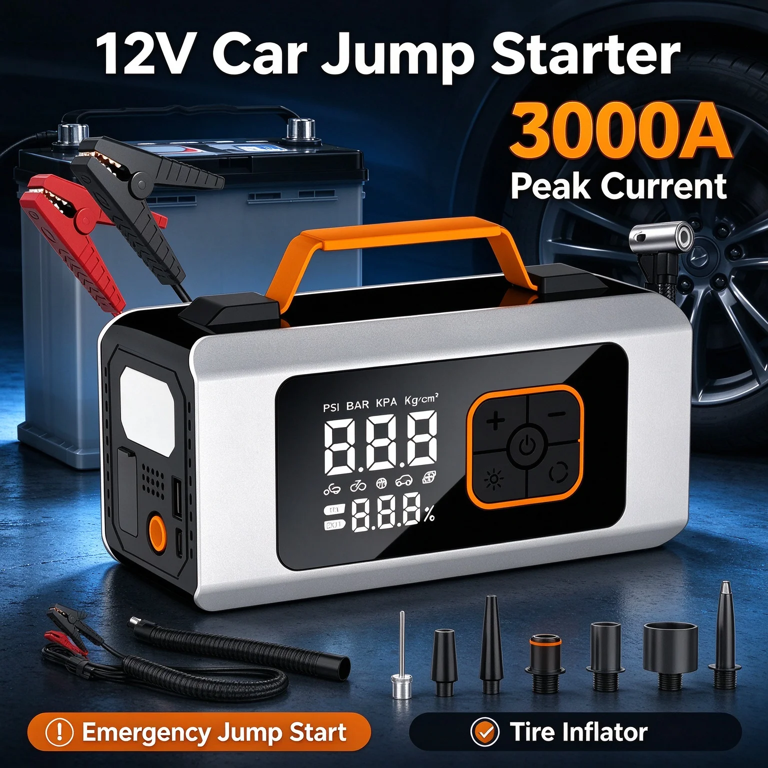 12v Automotive Battery Charger 3000A Car Portable Jump Starter Power Bank External Tire Inflator Air Compressor Starter Device