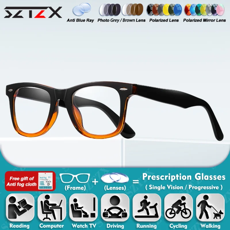 

SZTZX Classic Rectangle Photochromic Myopia Reading Glasses Women Small Frame Anti Blue Light Multifocal Prescription Eyeglasses