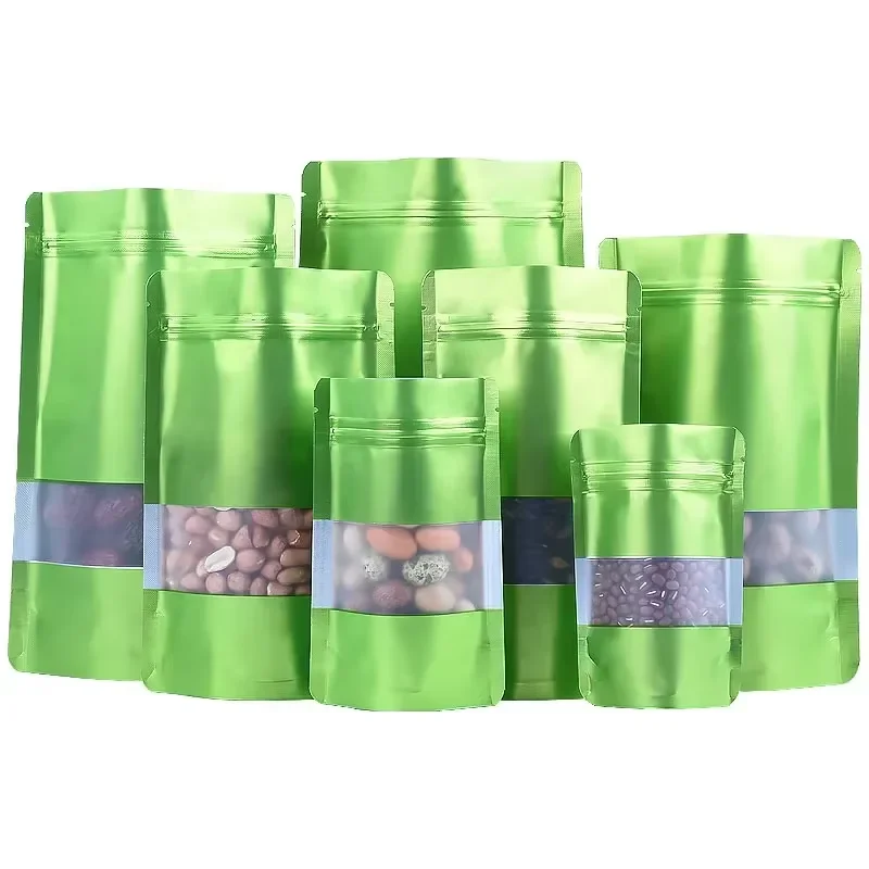 Matt Green Stand Up Food Packaging Pouch with Window Custom Printed Zip Lock Foil Lined Pet Food Tea Doypack Storage Bag