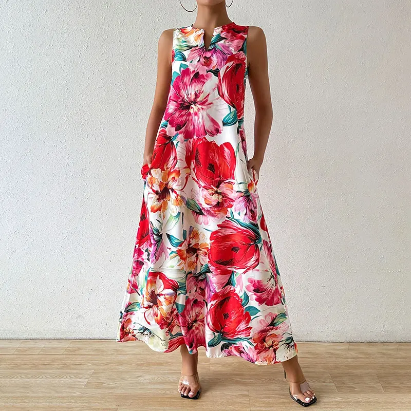 

Женское Повседневное платье-макси без рукавов, Повседневное платье-макси с объемным цветочным принтом и V-образным вырезом, весна-лето 2024