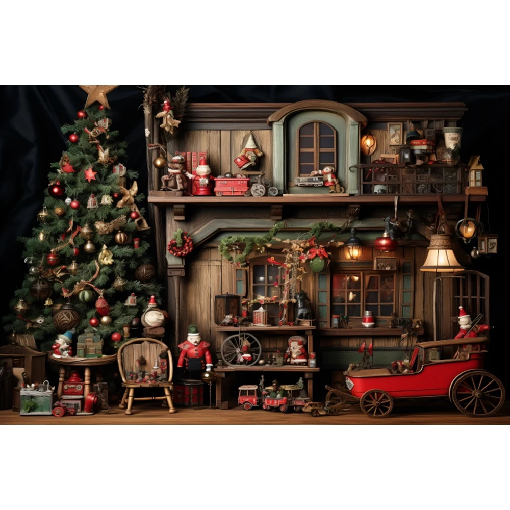 Christmas Backdrop for Photography Rustic Wood House Xmas Tree Gifts Santa Claus Warehouse Kids Portrait Background Photo Studio