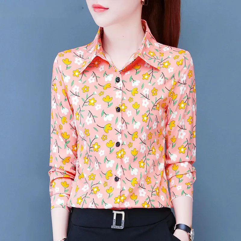 Fashion Printed Lapel All-match Floral Shirt Women's Clothing 2023 Autumn Winter New Oversized Casual Tops Office Lady Blouse