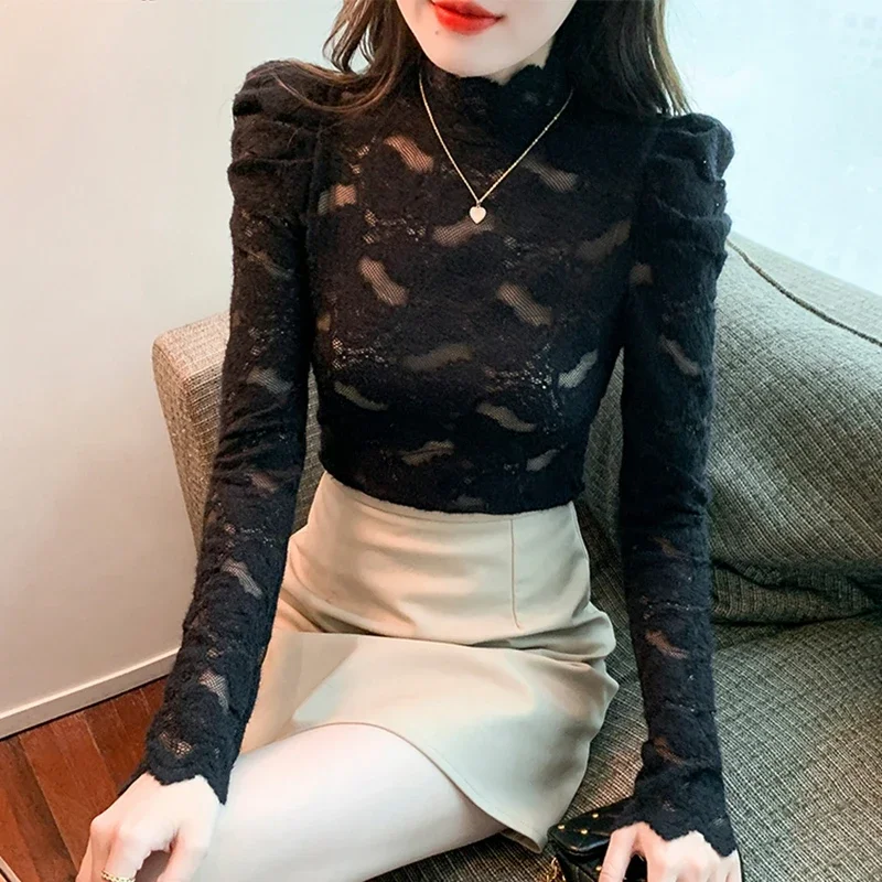 See Through Ladies Lace Tops 2024 Elegant Korean Fashion Clothing Streetwear Blusas Mujer Casual Basic White Balck Blouses y2k