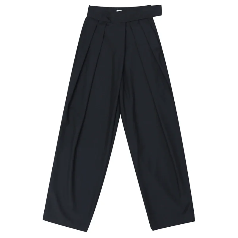 Pantalones largos plisados de pierna ancha para mujer, pantalón corto negro de cintura alta, holgado, a la moda, primavera y otoño, 2021