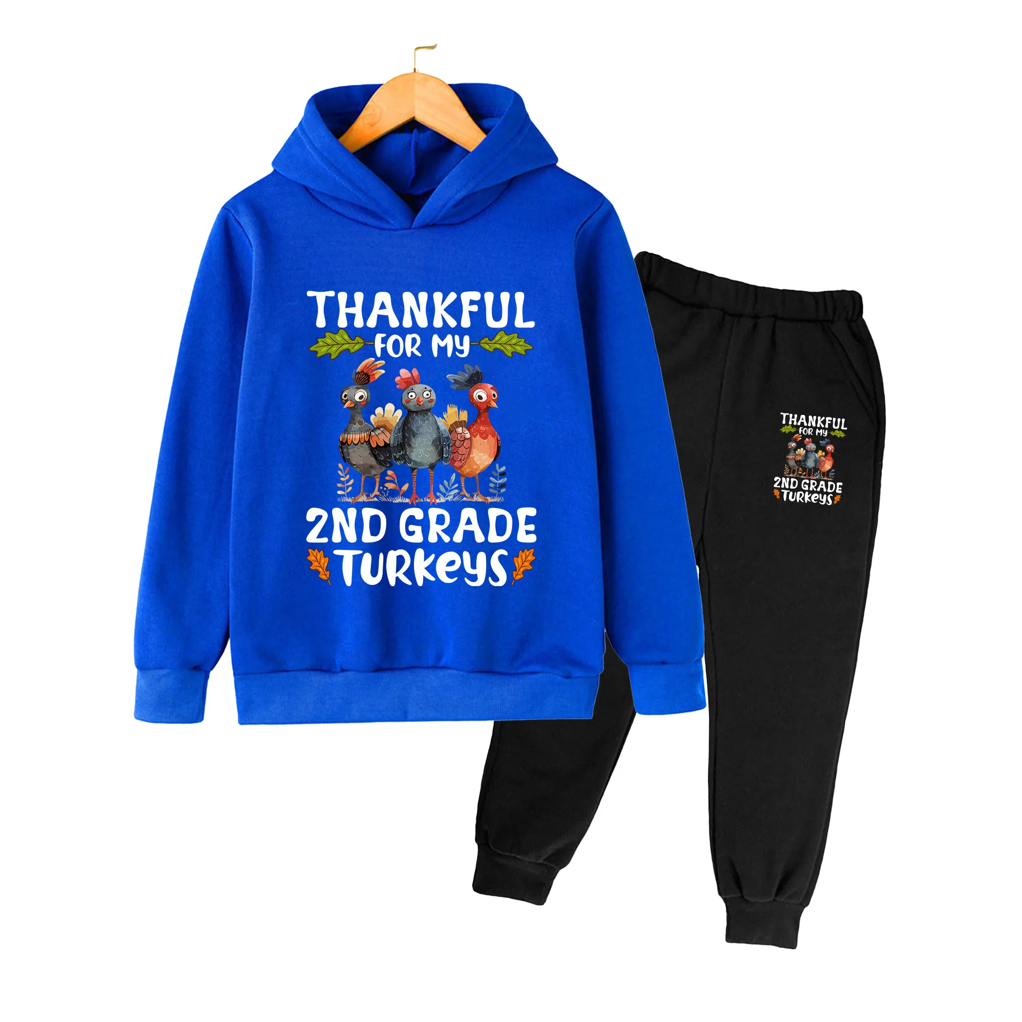 Kids Hoodie and Sweatpants Set, Cute Turkey Print Long Sleeve Outfit for Boys Girls, Fall Casual Wear