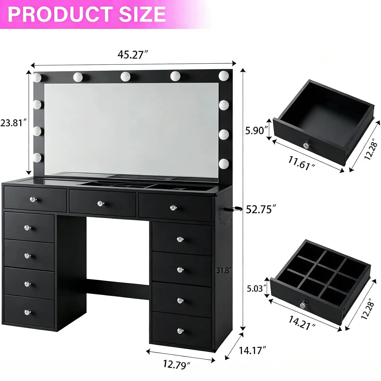 Vanity Desk with Mirror & Lights, 11 Drawers Makeup Table, Black, Customized