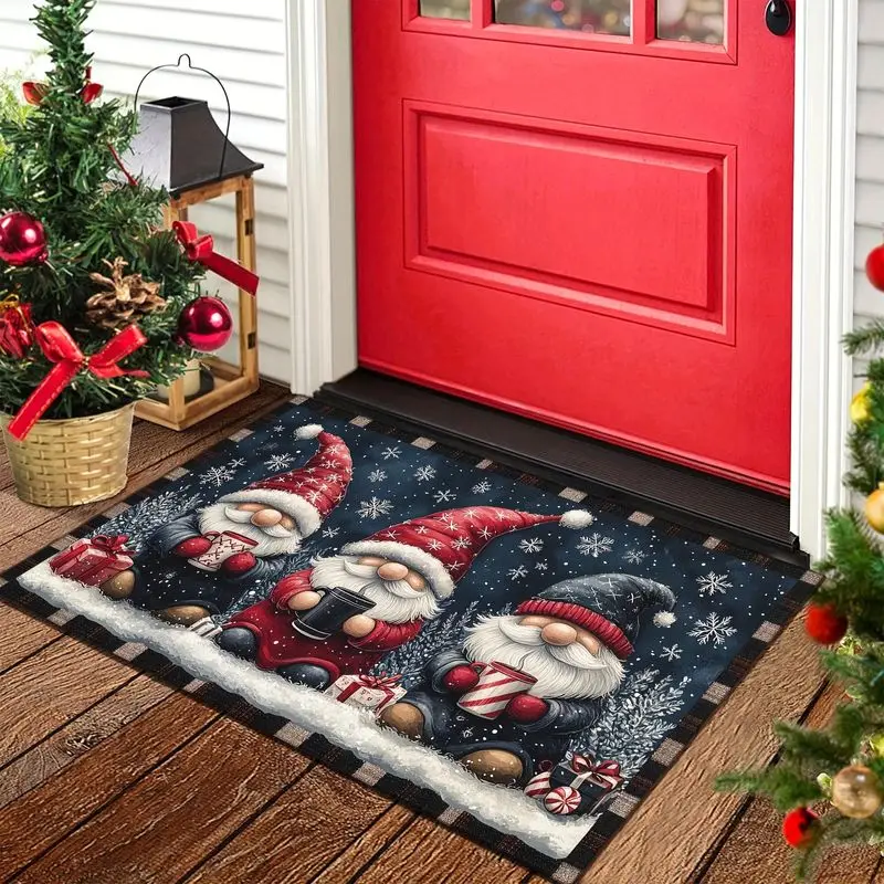 VIKAMA Merry Xmas Door Mat Navy Gnome Tomte Holding Mugs Snowflakes Holiday Decor Front Welcome Mat Rug Christmas Holiday Decor