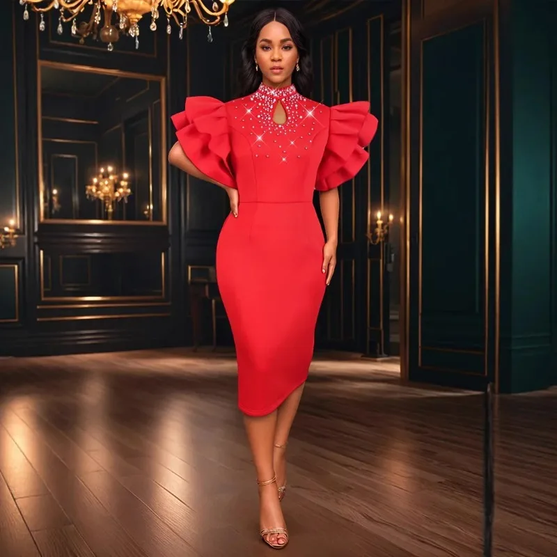 

Plus Size Dashiki African Dresses for Women Autumn African Red Polyester Short Sleeve Party Evening Midi Bodycon Dress S-4XL