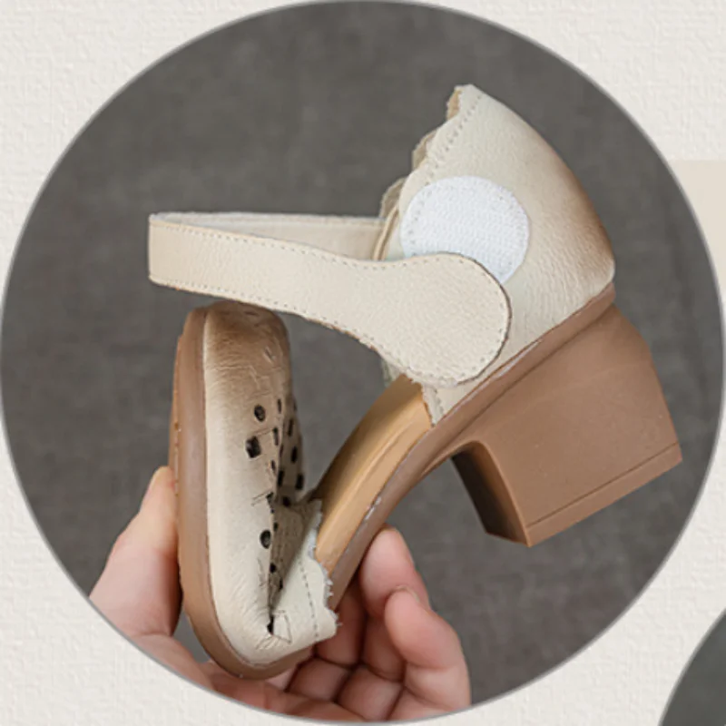 ZXRYXGS New Round Toe Premium Real Leather Sandals Hollow Breathable Elegant Women Fashion Sandals Thick Mid Heel Sandals 2026