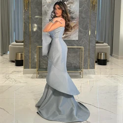 Elegant Mermaid Floor Length Evening Dress Formal Strapless Satin Sleeveless Pleats Saudi Arabia Vestido De Noche Women 2024