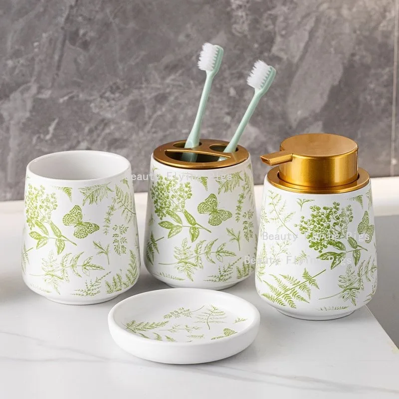 

Ceramic Toiletries Green Plant Pattern Design Homestay Toiletries Set Toothbrush Cup Soap Dish Lotion Bottle Toothbrush Holder