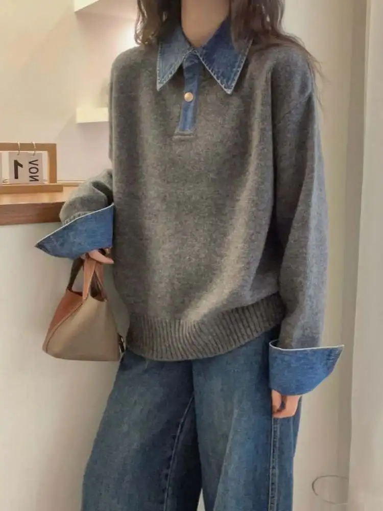 

Женский свитер с воротником-стойкой из денима и трикотажа, имитация двухслойности, в корейском стиле, новинка зимы