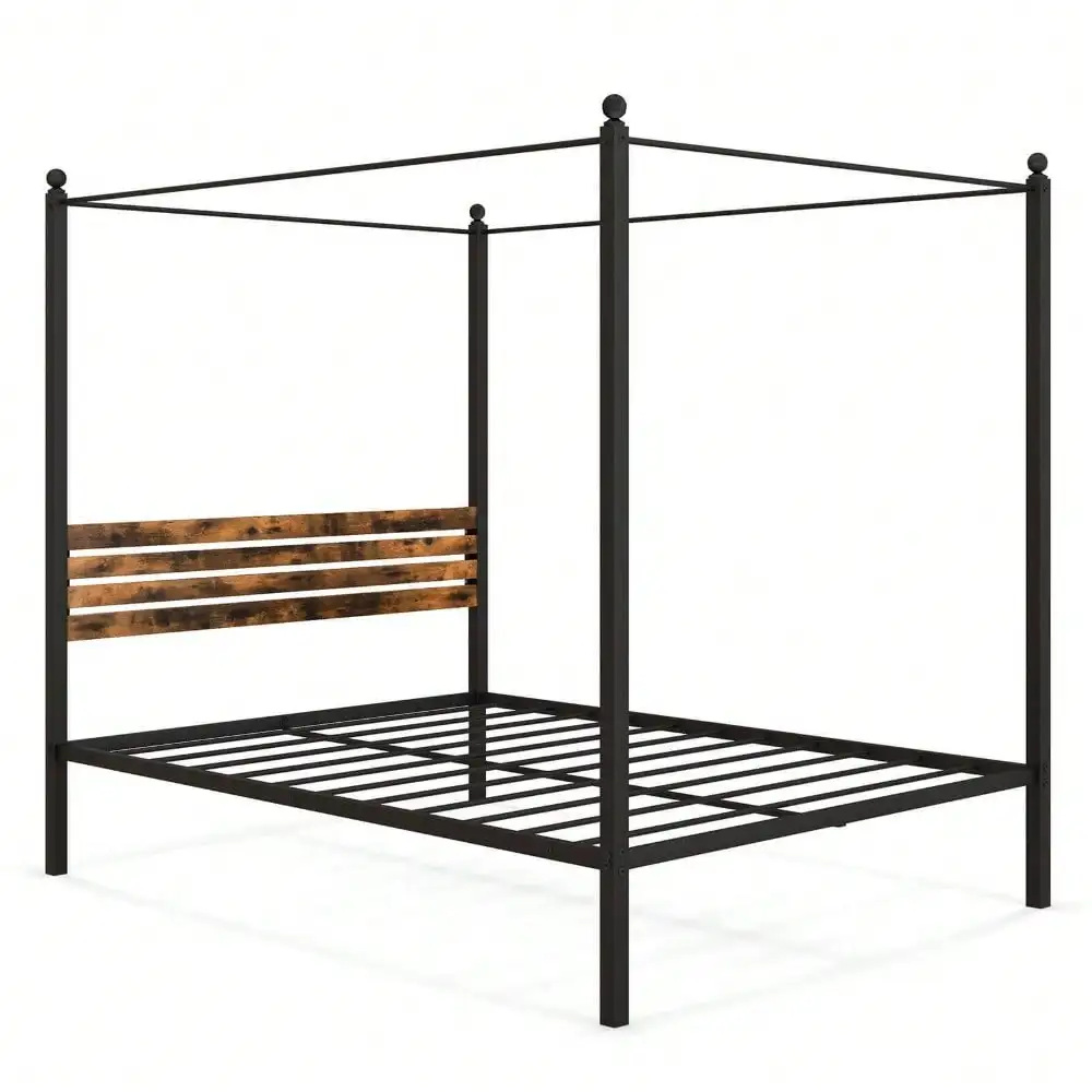 Queen Size Canopy Bed Frame 4-Poster Platform Bed Frame w/ Industrial Headboard