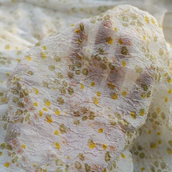 Green and Yellow Small Floral Wrinkled Fabric Women's Dress Spring Summer Classic Pastoral Style Fabric 50cmx140cm
