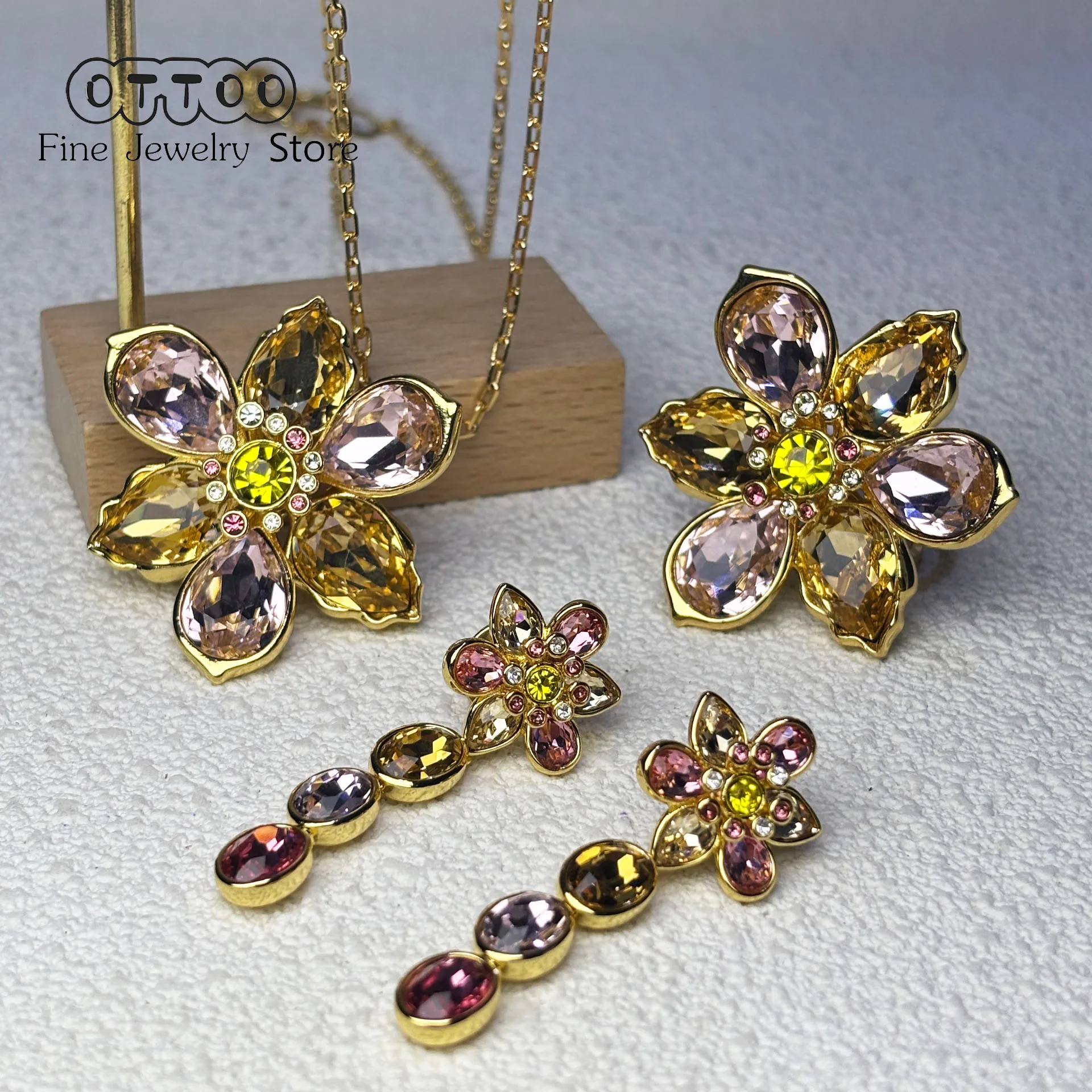 

Original 2025 New Fine Jewelry Set Charms Pink Flowers Earrings Necklace Bracelet Rings for Women Romantic Accessories