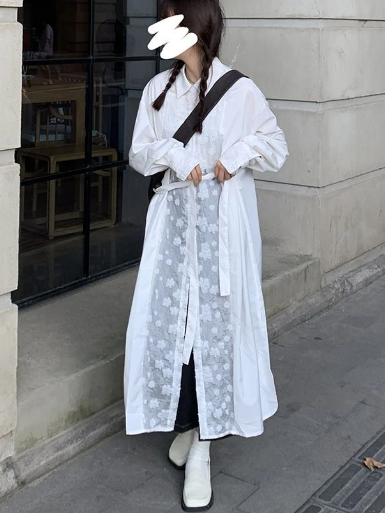 

Длинные белые рубашки, женские свободные уличные рубашки, осень 2023, простые универсальные повседневные модные шикарные милые топы в стиле пэчворк для колледжа Y2k