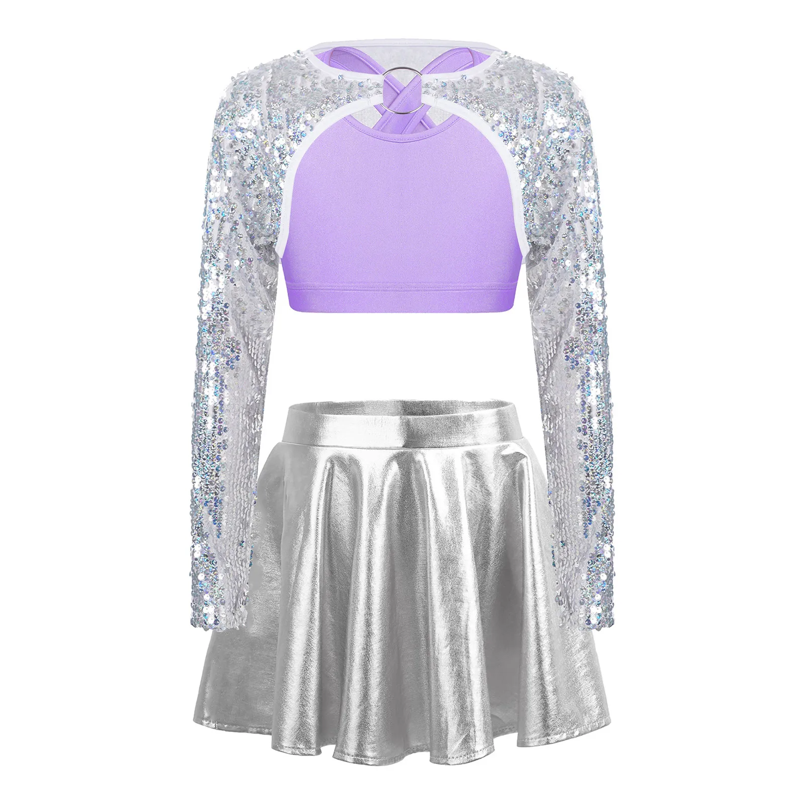 Children Sequined Ballet Clothes Sets Kids Girls Bolero Crop Top Metallic Skirt for Jazz Dance Outfit Stage Performance Costumes