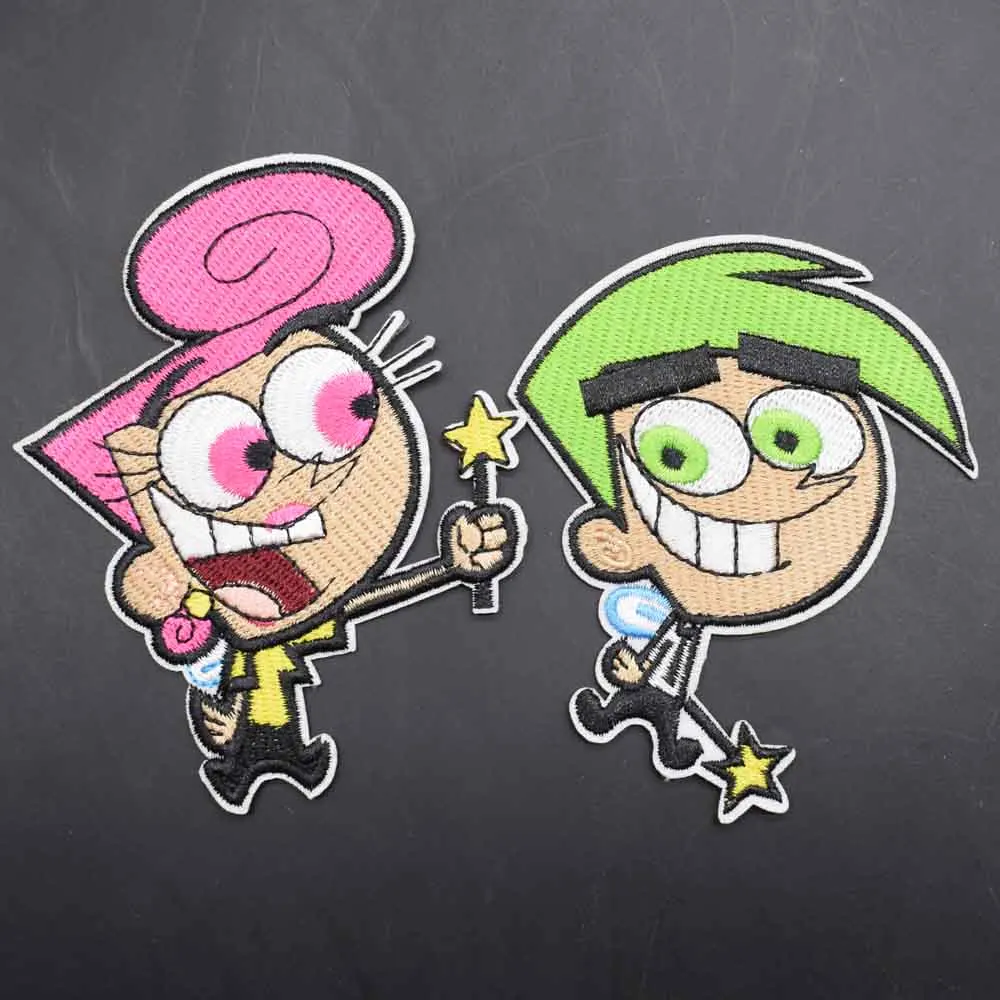 Cool Green Pink Hair Boys Fairly Odd Magician Iron On Embroidered Clothes Parents Patches For Clothing Fairy Godmother Godfather