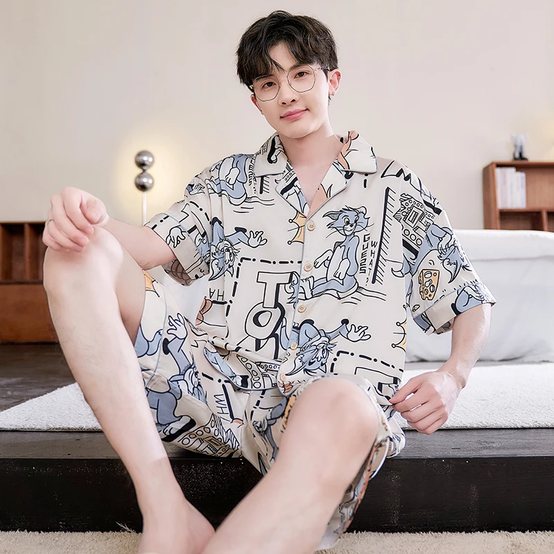 

2024 Summer Men Sleepwear Big Size Pajamas Male Ice Silk Cute Pijama With Shorts Pants Satin Nightwear Clothes Modern Nightgown