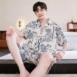 2024 Summer Men Sleepwear Big Size Pajamas Male Ice Silk Cute Pijama With Shorts Pants Satin Nightwear Clothes Modern Nightgown