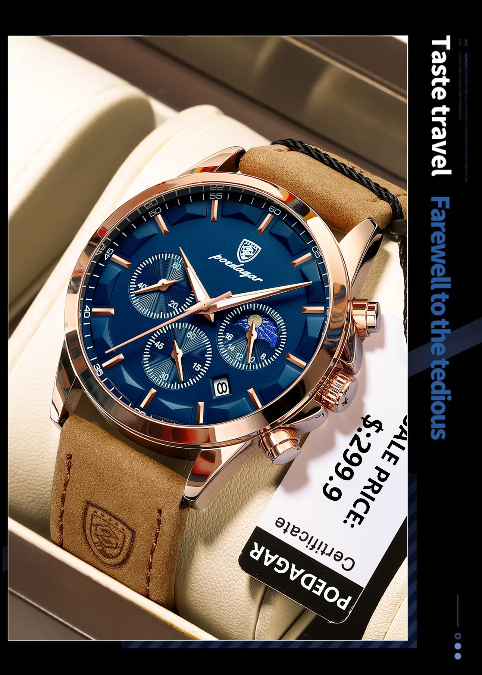 POEDAGAR Sport Luxus Männer Quarzuhr Wasserdicht Chronograph Leucht Datum Mann Armbanduhr Business Leder herren Uhren Uhr – Detail 4