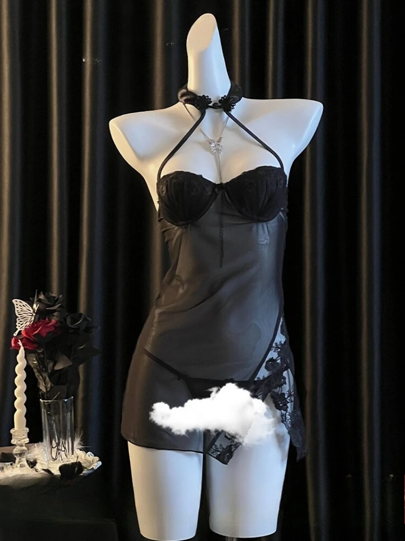 

Новый прозрачный сетчатый кружевной Cheongsam в китайском стиле, встроенная подушка на груди и стальная поддержка, сексуальная романтическая пижама для женщин