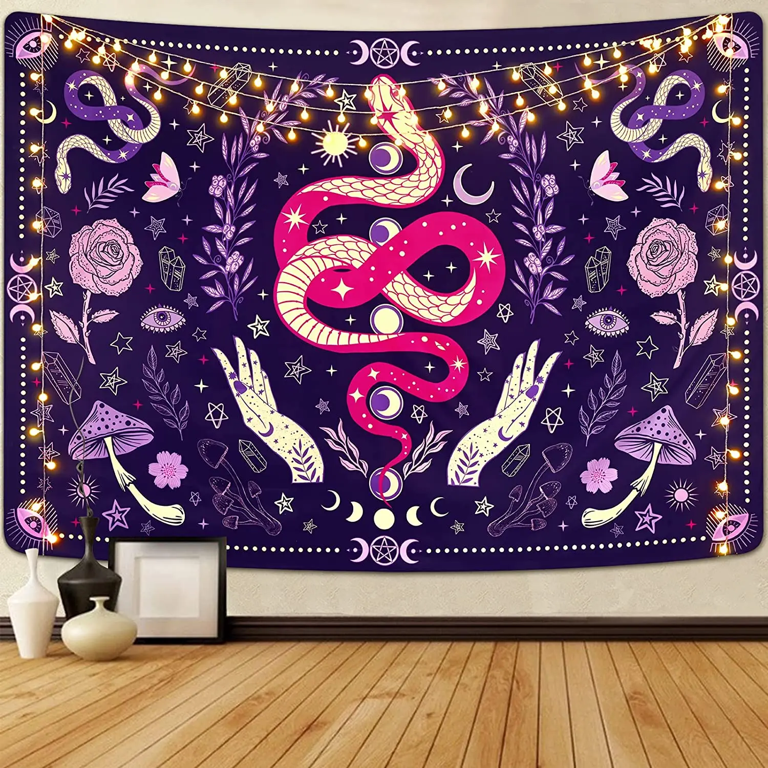 Aesthetic Snake Witchcraft Tapestry Mushroom Moon Phase and Stars Tapestries Butterfly and Flower Wall Hanging Boho Home Decor