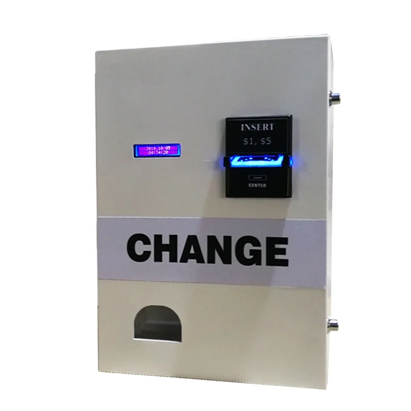 

Wall-mounted coin/token exchange machine that accepts bills and distributes coins or tokens