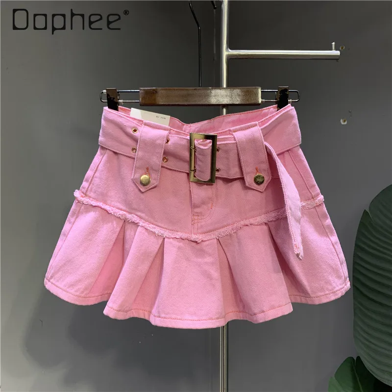 Sweet Pink Pleated Student Denim Skirt Women 2024 Spring New College Style Hot Girl Elegant High Waist A-Line Short Jean Skirts