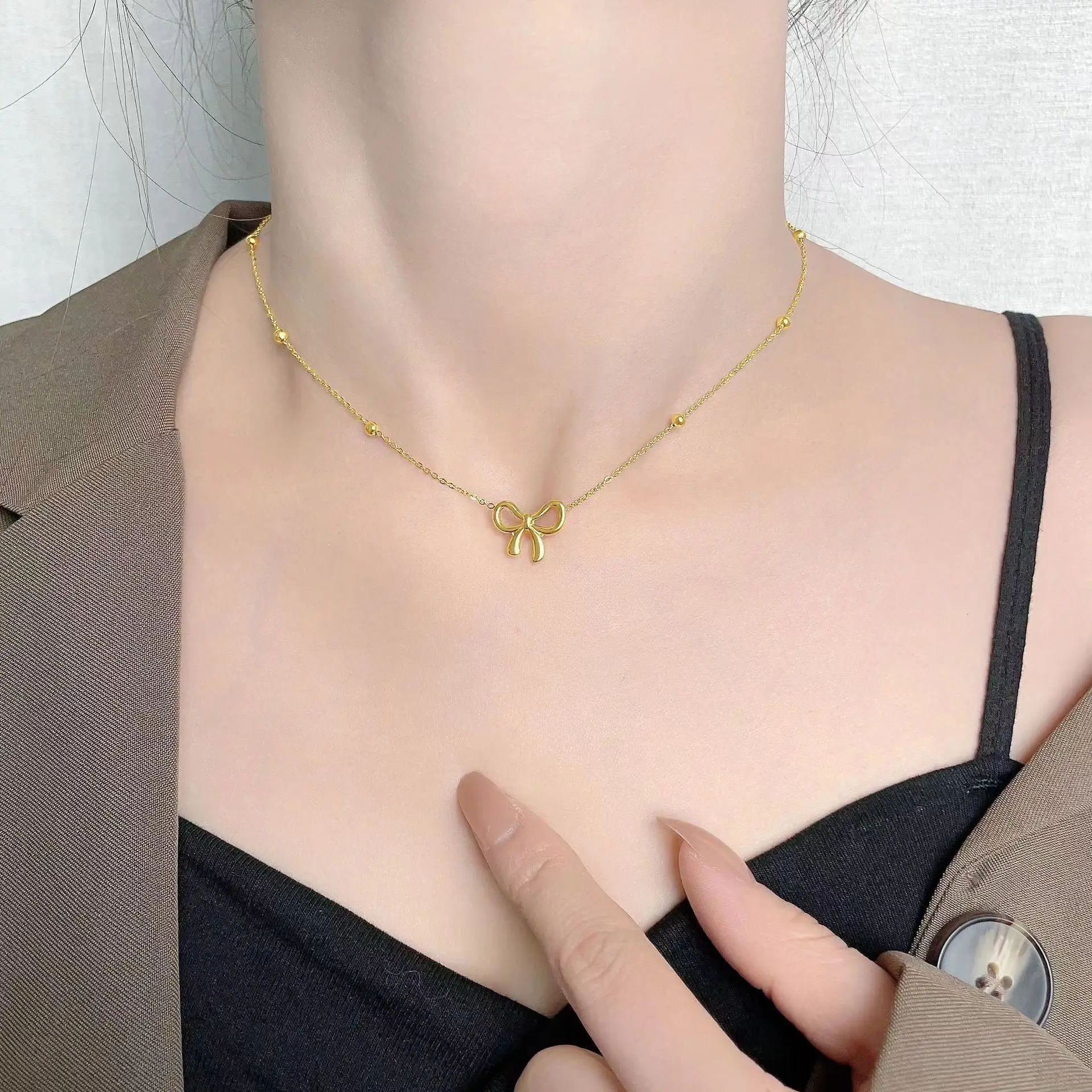 Simple Stainless Steel Hollow Bowknot Necklace for Women Delicate Bracelet Bow Tie Charm Earring Fashion Jewelry Gift Wholesale