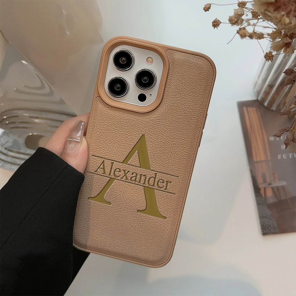 

Personalized Customized Name Big Letter Case For iPhone 16 15 14 13 12 11 Pro Max Plus Luxury Laser Engraving Soft Leather Cover