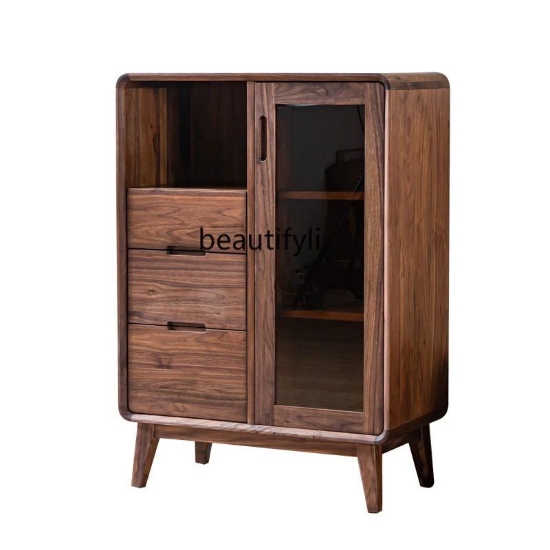 

North America Black Walnut Wooden Side Cabinet Wine Cabinet Sideboard TV Cabinet Solid Wood Log Nordic