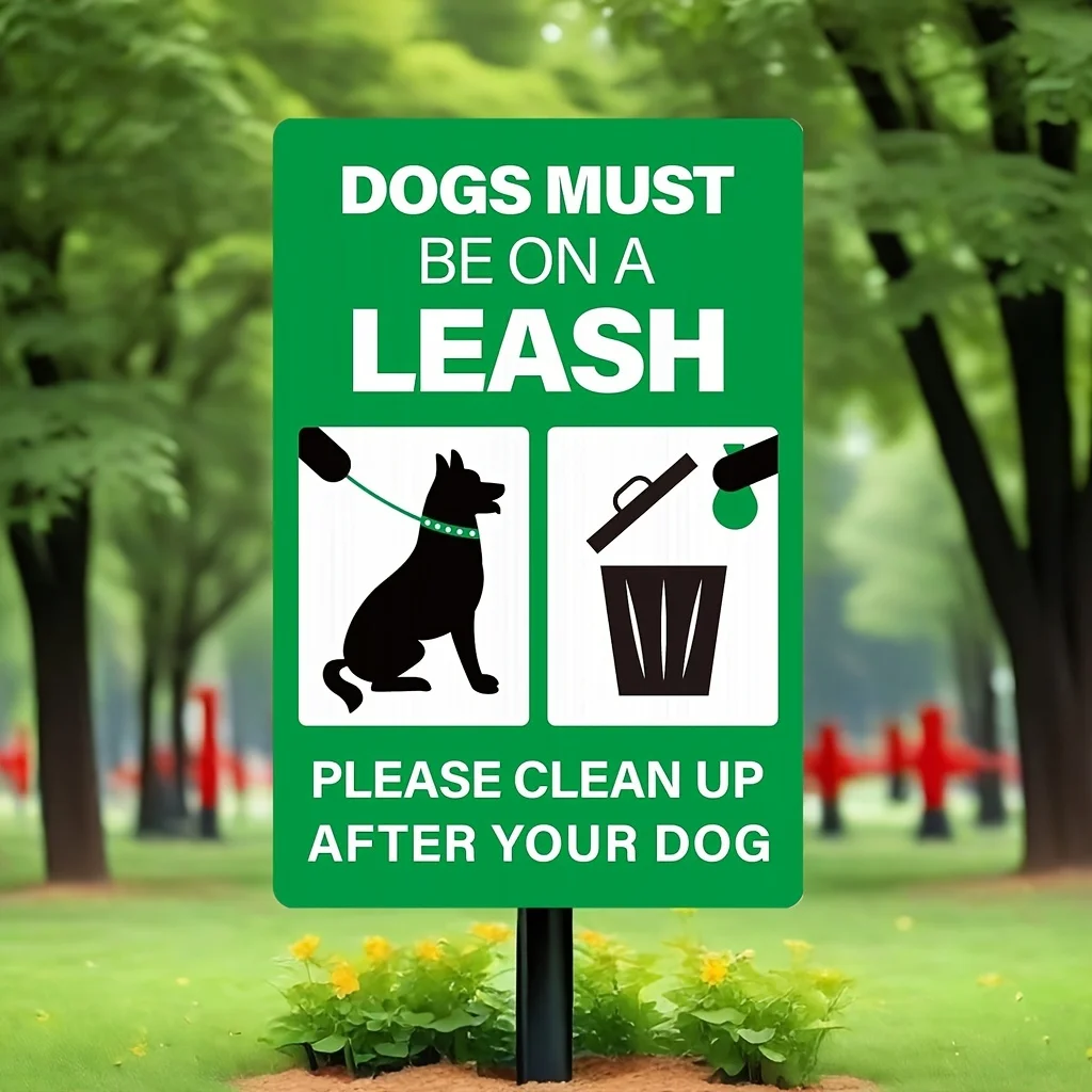 Green Dogs On Leash & Pick Up Poop Metal Tin Sign Community Park Lawn Warning Decor