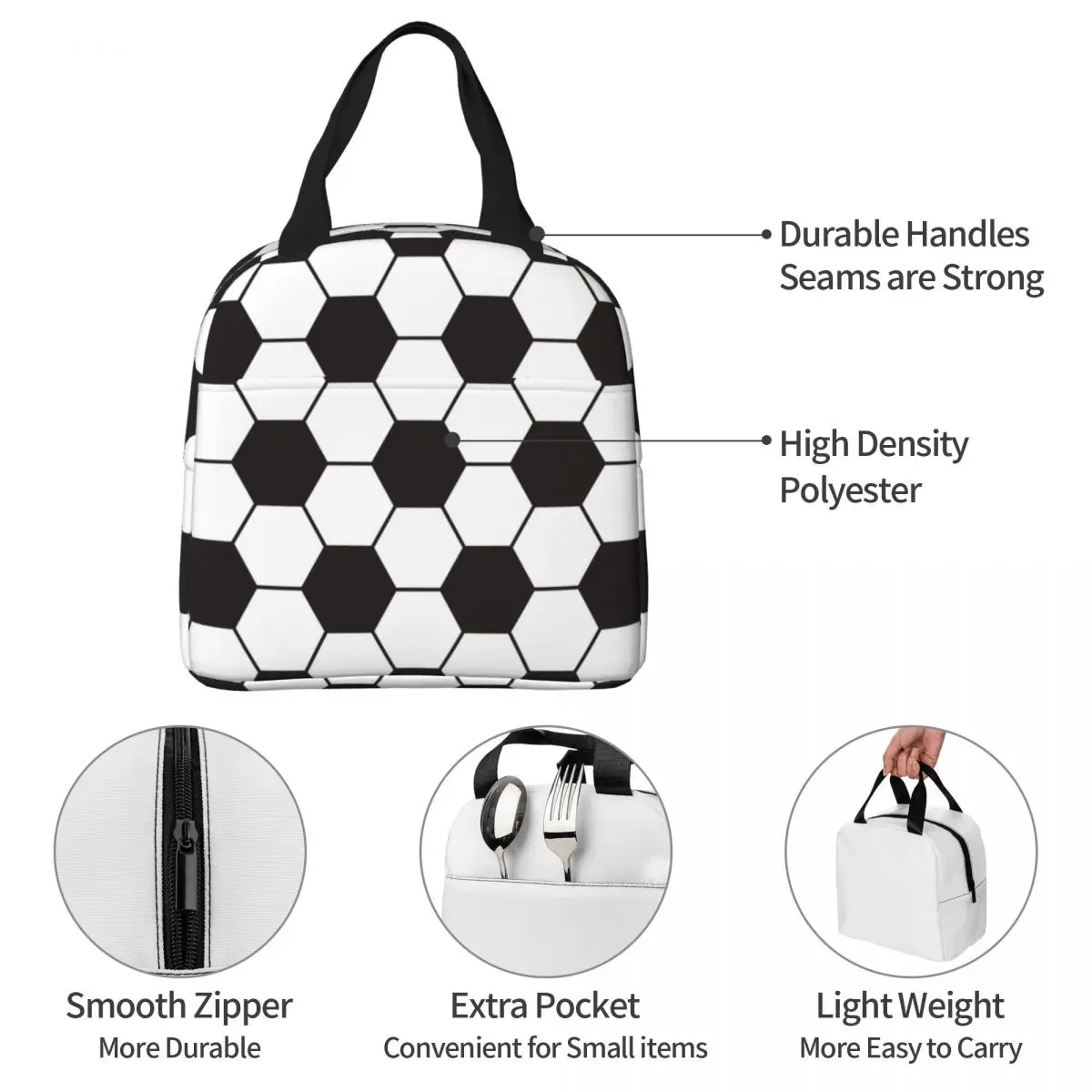 Classic Football Insulated Lunch Bags Cooler Bag Lunch Container Soccer Balls Sports High Capacity Lunch Box Tote Outdoor