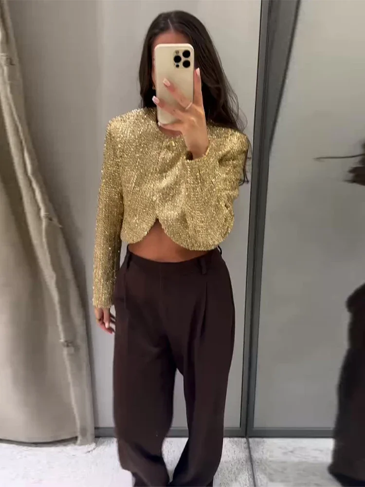Golden Short O-neck Women's Jacket Single Button Full Sleeve Irregular Loose Spring Autumn High Street Fashion Casual Coat 2026