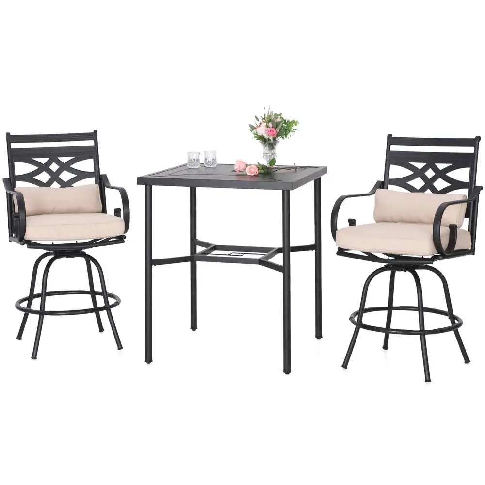 

3 PCS Heavy Duty Metal Outdoor Patio Bar Sets, 2 Swivel Counter Height Chairs with Seat amp Back Support Cushion, 1 Square Meta