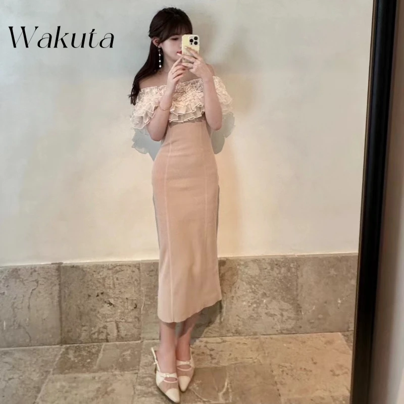 KAMEHARA Japanese Harajuku Style One Shoulder Sleeveless Dress Spring Ruffle Edge Splicing and Slim Fit Dresses Female Clothing