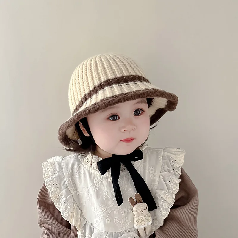 

Korean Children Knit Fisherman Hat Kids Winter Warm Woolen Basin Cap Fashion Striped Lace Up Visors 2-6year Baby Sweater Beanies