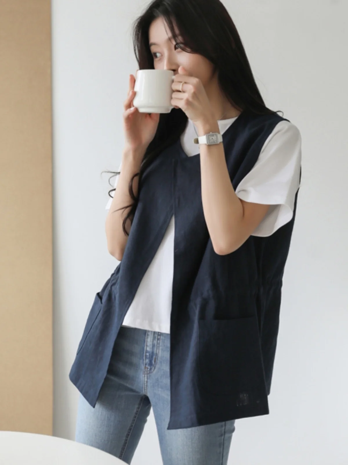 

Spring Summer New Sle Women's Cotton Linen Jaet Loose Belted Thin Casual Vest Outerwear round Ne Mid-Length Vest