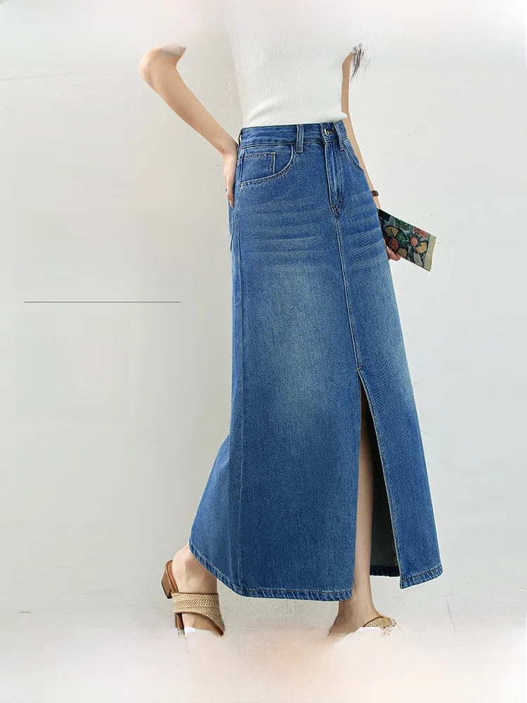 

Джинсовая юбка А-силуэта с высокой талией, женская, длинная, винтажная, с разрезом, повседневная, из смесового хлопка, летняя, модная