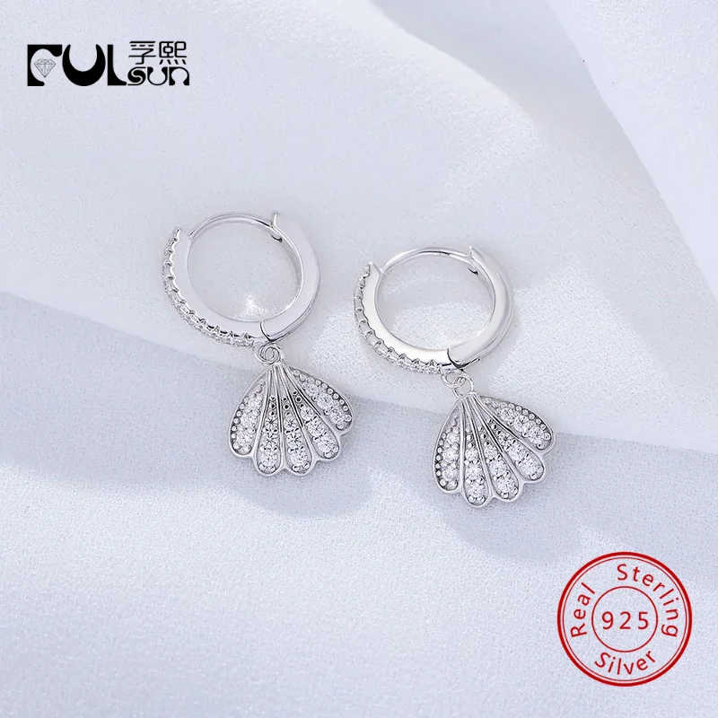 925 Sterling Silver 14K Gold Rhodium Plated Full Paved CZ Huggie Hoops Seashell Dangle Women Ocean Beach Daily Fine Jewelry