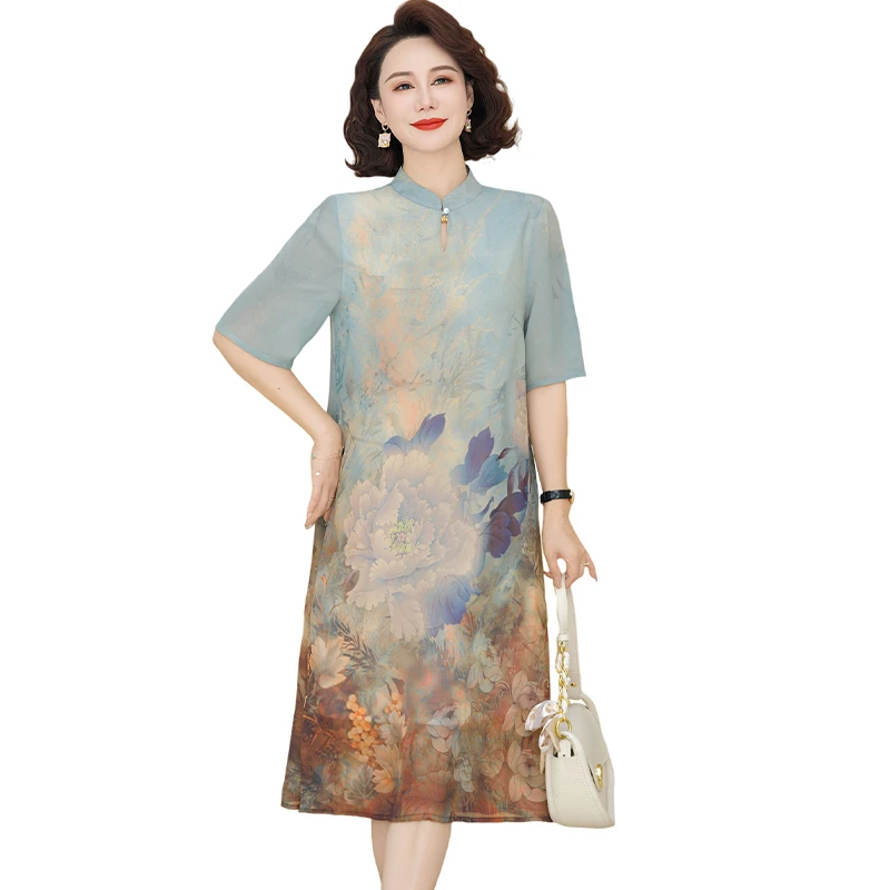 Robe longue élégante pour femmes, Style chinois, légère, à la mode, sensation haut de gamme, robe imprimée de fleurs