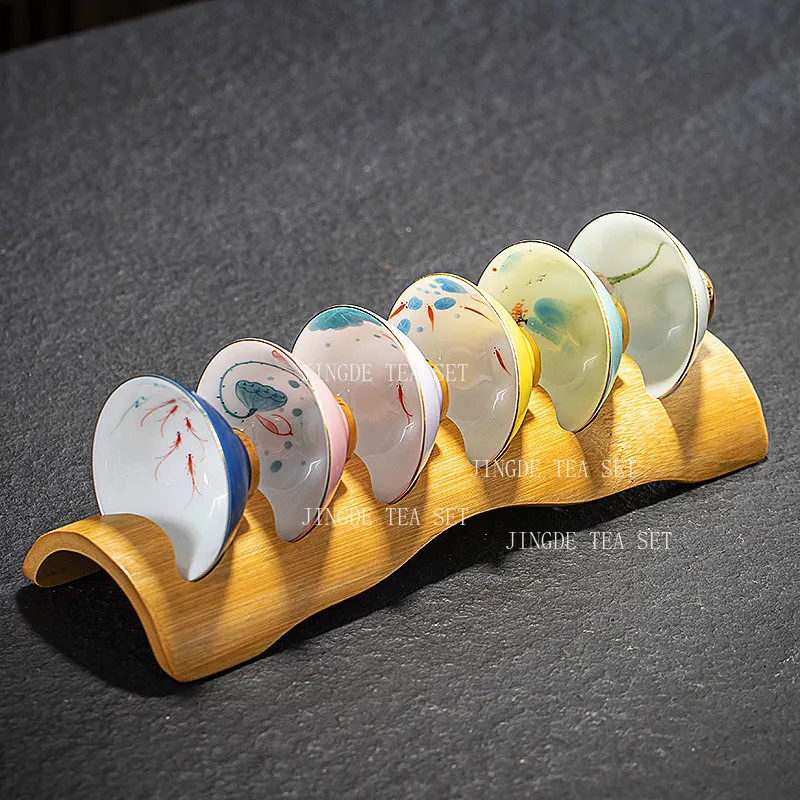 6pcs-with-bamboo-rack-ceramic-tea-cup-set-with-underglaze-color-lotus-and-goldfish-gold-rim-and-bamboo-stand-home-tea-tasting