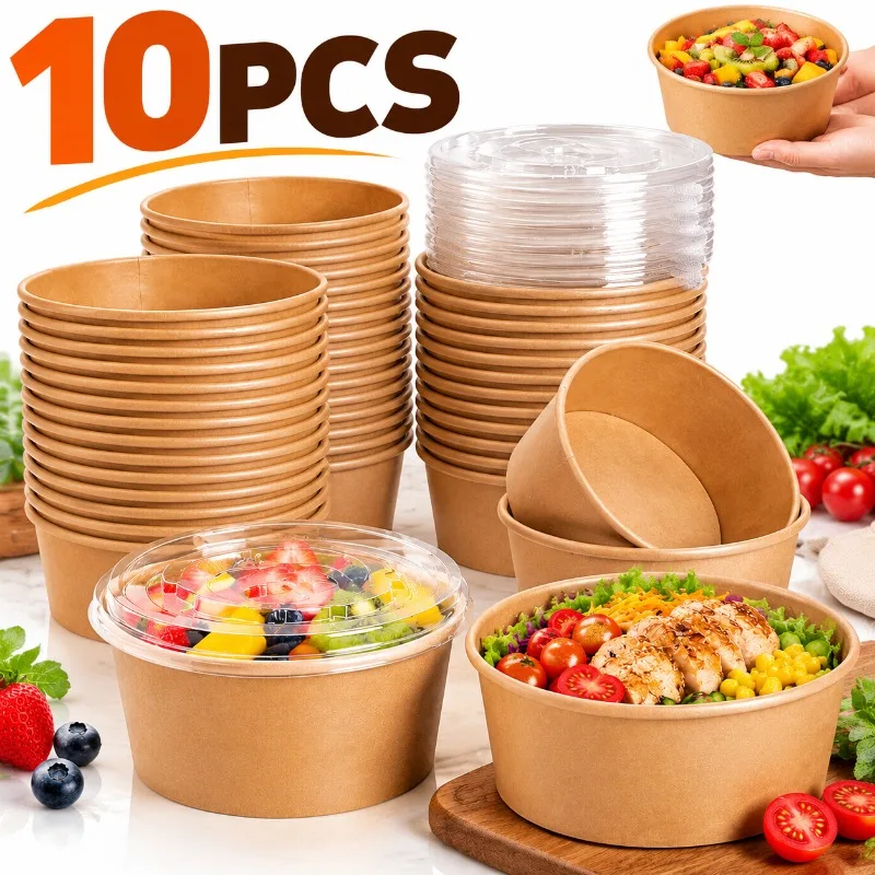 10PCS Disposable Kraft Paper Bowl with Lid Takeaway Food Container Salad Bowl Packaging Box for Catering Party Street Food
