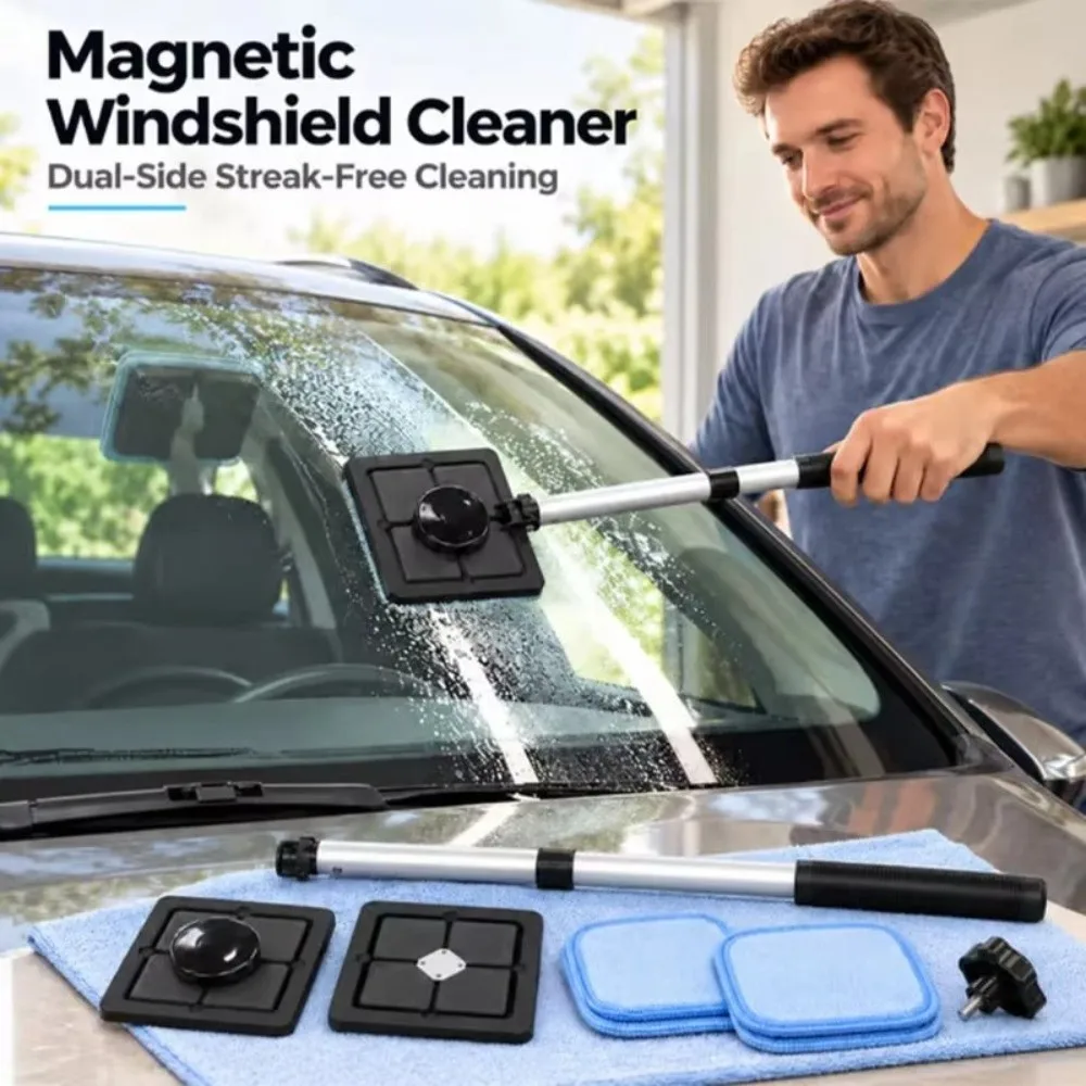 Extendable Handle Windshield Cleaning Tool Magnetic Lock Detachable Pads Car Glass Cleaning Kit Long Handle Compact