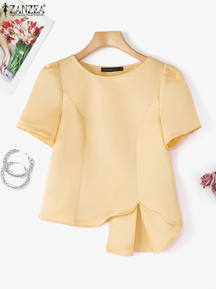ZANZEA Women Summer Tops Asymmetrical Tunic Satin Blouse 2025 Fashion Casual Silk Shirts Elegant Short Sleeve Office Lady Blusas