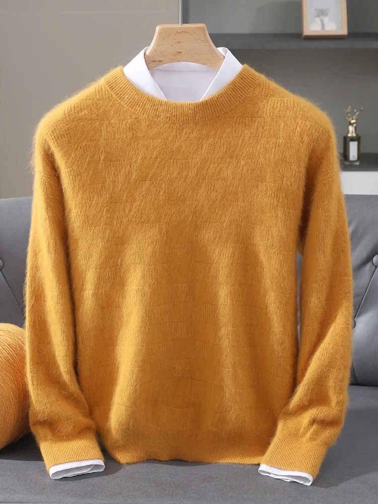 

100% Mink Cashmere Pullover Men's Round Neck Thickened Autumn Winter Casual Fashion Knitted Long Fur Sweater