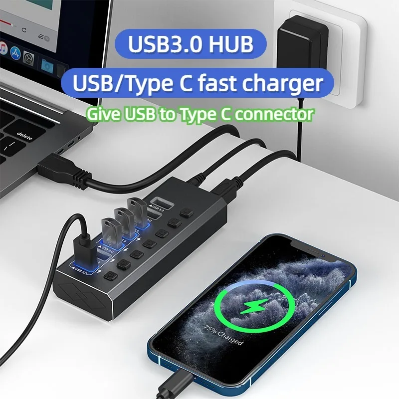 

USB 3.0 Hub | 5P-7P-10P High Speed USB3.0 Adapter On Off Switch 5Gbps Data Transfer Extension Hub Splitter for Laptop PC