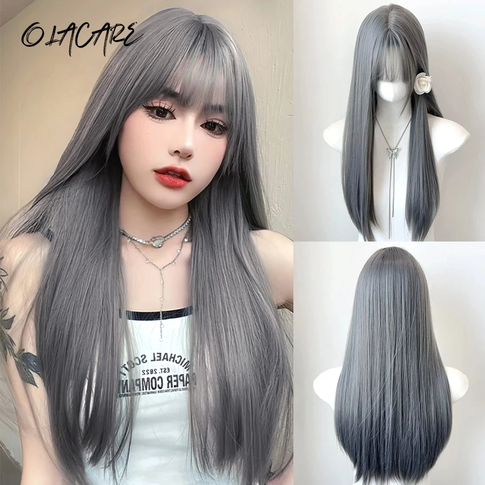 

OLACARE White Grey Long Straight Synthetic Wigs for Women Colorful Cosplay Party Fake Hair with Bangs White Wig HighTemperature