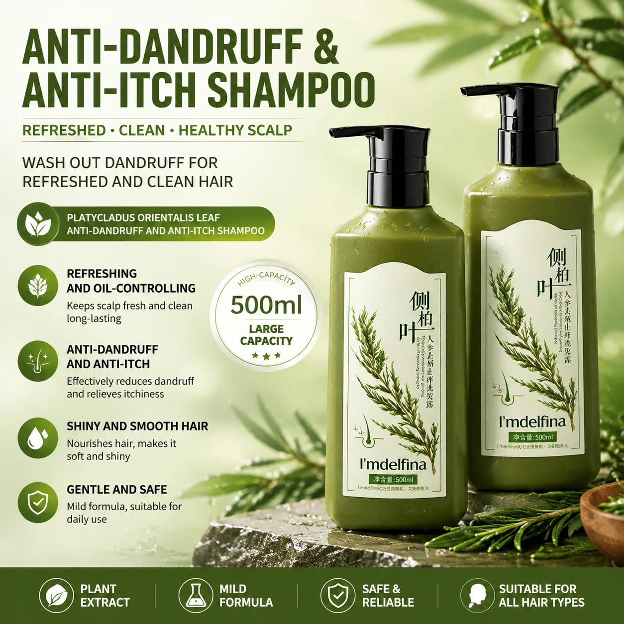 Plant Natural Arborvitae Leaf Shampoo Ginseng Oil Control Anti-Dandruff Anti-itching Wheat Amino Acid Hyaluronic Acid Shampoo